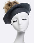 Genuine Fur Pom Cashmere Beret