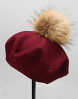 Genuine Fur Pom Cashmere Beret