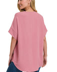 Zenana Woven Airflow Split Neck Top - Online Only