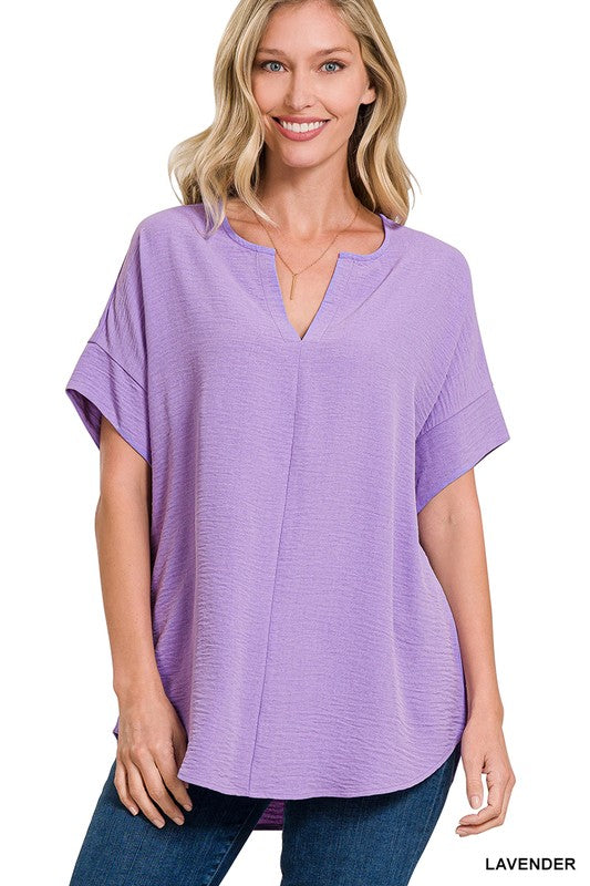 Zenana Woven Airflow Split Neck Top - Online Only