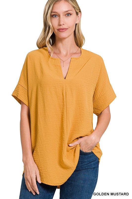 Zenana Woven Airflow Split Neck Top - Online Only