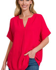 Zenana Woven Airflow Split Neck Top - Online Only