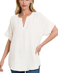 Zenana Woven Airflow Split Neck Top - Online Only