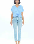 Renee C. Short Sleeve V neck Rib Knit Surplice Top