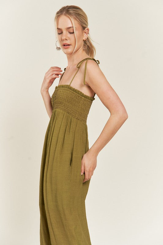 Jade By Jane Smocked Tie Strap Jumpsuit