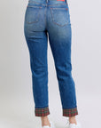 Judy Blue Full Size Plaid Print Cuff Straight Leg Jeans with Pockets