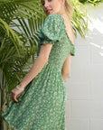 Green Smocked Puff Sleeve Dress - Online Only