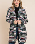 BOMBOM Geometric Open Front Long Sleeve Cardigan with Pockets