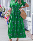 Floral Split Neck Shirred High Waist Maxi Dress