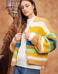 Davi & Dani Contrast Striped Open Front Lantern Sleeve Cardigan