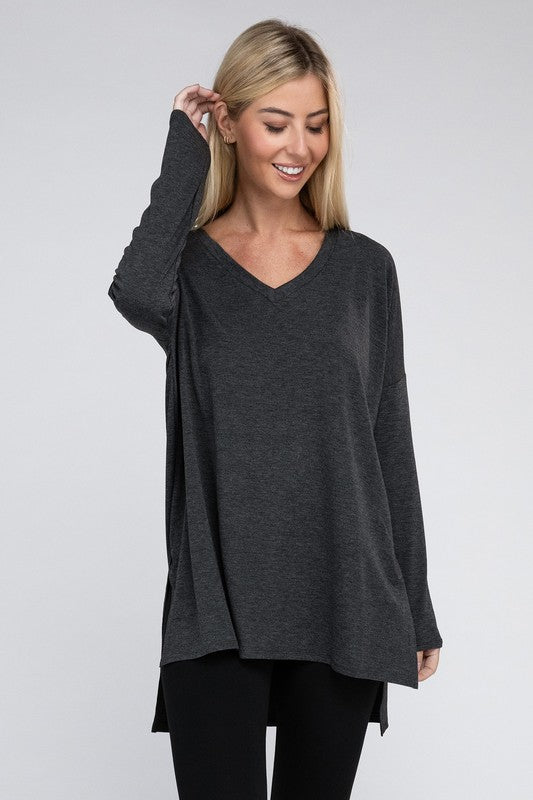 Zenana Dolman Long Sleeve V-Neck Side Slit Hi-Low Hem Top