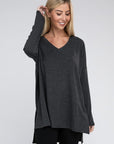 Zenana Dolman Long Sleeve V-Neck Side Slit Hi-Low Hem Top