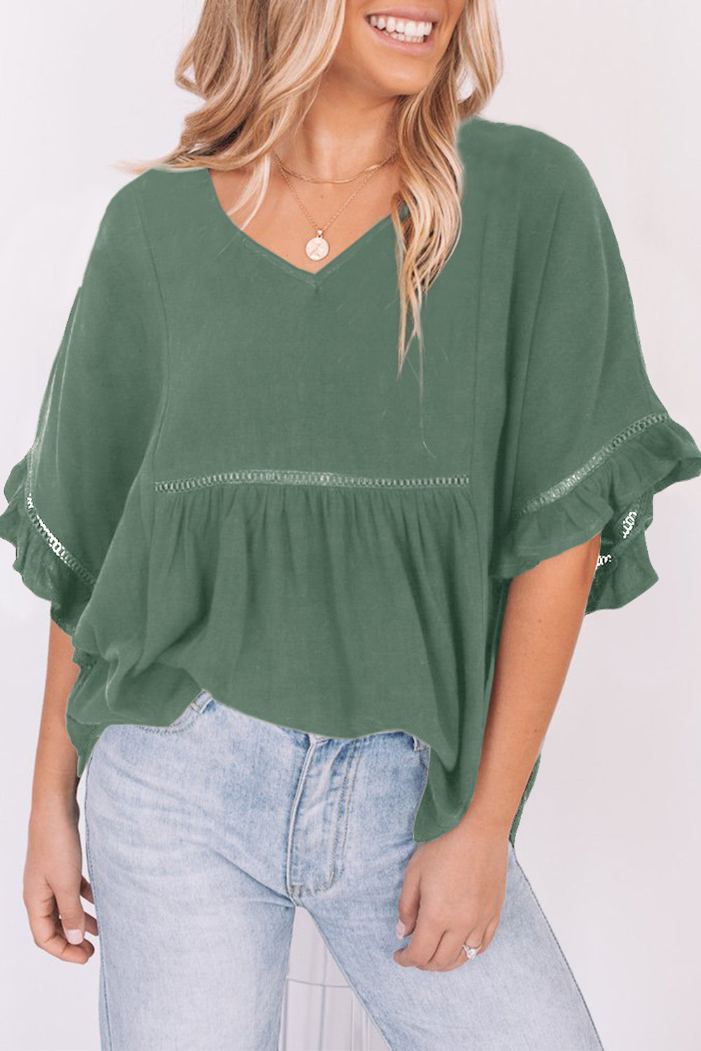 V-Neck Flounce Sleeve Babydoll Blouse - Online Only