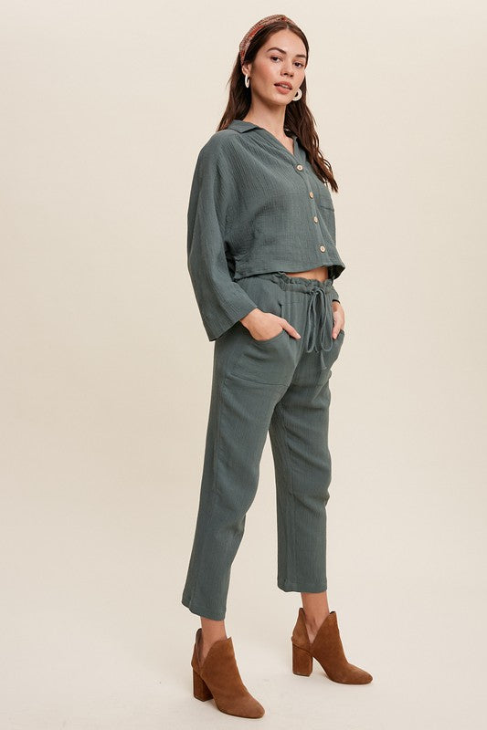 Listicle Long Sleeve Button Down and Long Pants Sets - Online Only