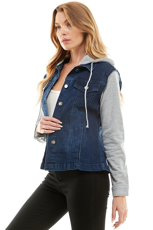 Blue Age Spandex Ladies Denim Jacket with  Fleece Hoodie