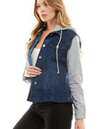 Blue Age Spandex Ladies Denim Jacket with  Fleece Hoodie