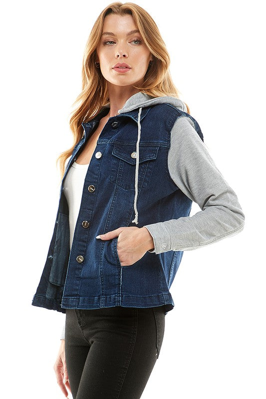 Blue Age Spandex Ladies Denim Jacket with  Fleece Hoodie