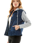 Blue Age Spandex Ladies Denim Jacket with  Fleece Hoodie