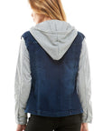 Blue Age Spandex Ladies Denim Jacket with  Fleece Hoodie