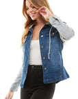 Blue Age Spandex Ladies Denim Jacket with  Fleece Hoodie