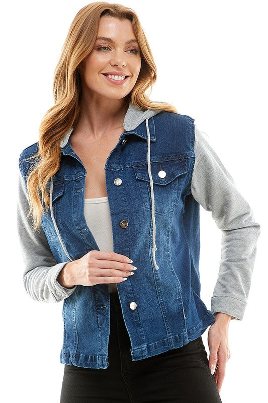 Blue Age Spandex Ladies Denim Jacket with  Fleece Hoodie