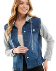 Blue Age Spandex Ladies Denim Jacket with  Fleece Hoodie