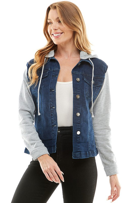 Blue Age Spandex Ladies Denim Jacket with  Fleece Hoodie