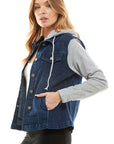 Blue Age Spandex Ladies Denim Jacket with  Fleece Hoodie