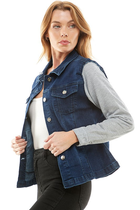 Blue Age Spandex Ladies Denim Jacket with  Fleece Hoodie