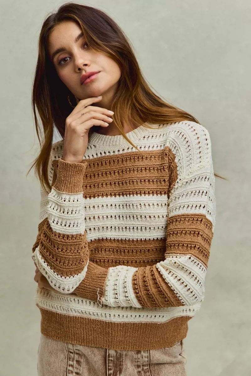 SO ME Openwork Round Neck Wide Stripe Textured Sweater