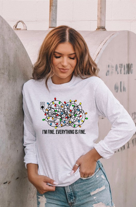 I&#39;m Fine Tangled Christmas Lights Crew LS Tee