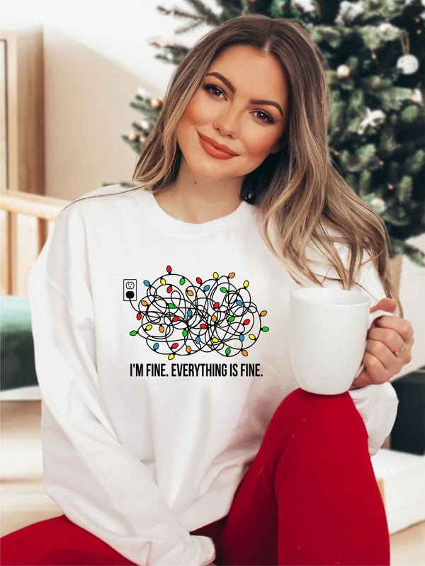 I&#39;m Fine Tangled Christmas Lights Crew LS Tee