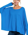 Zenana Dolman Sleeve Round Neck Top with Front Pocket - Online Only