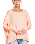 Zenana Dolman Sleeve Round Neck Top with Front Pocket - Online Only
