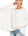 Zenana Dolman Sleeve Round Neck Top with Front Pocket - Online Only