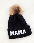 Chenille Mama Patch Faux Fur Pom Beanie Cap