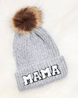 Chenille Mama Patch Faux Fur Pom Beanie Cap