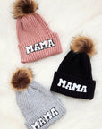 Chenille Mama Patch Faux Fur Pom Beanie Cap