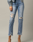 Denim Lab USA High Waist Distressed Fray Straight Jeans