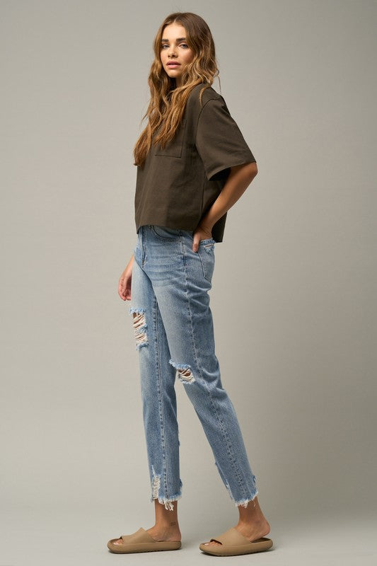 Denim Lab USA High Waist Distressed Fray Straight Jeans