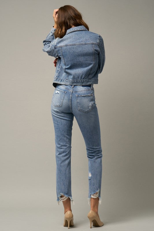 Denim Lab USA High Waist Distressed Fray Straight Jeans