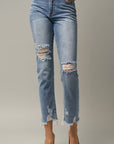 Denim Lab USA High Waist Distressed Fray Straight Jeans