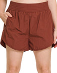 Zenana Plus Windbreaker Smocked Waistband Running Shorts