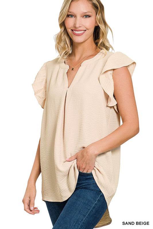 Zenana Woven Airflow Ruffled Sleeve Top - Online Only