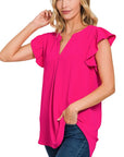 Zenana Woven Airflow Ruffled Sleeve Top - Online Only