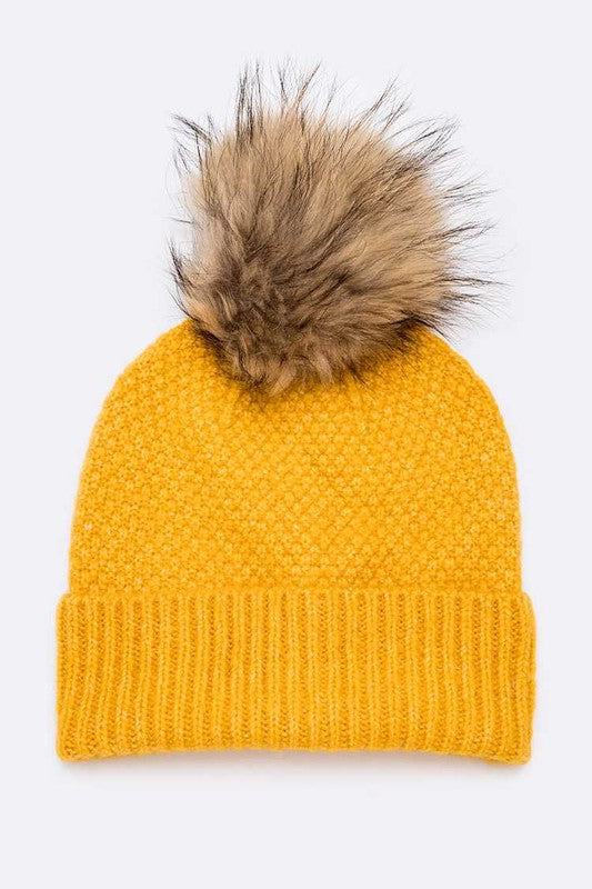 Large Natural Fur Pom Soft Beanie