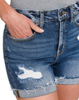 Zenana Distressed Cuffed Raw Hem Denim Shorts