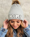 Chenille Mama Patch Faux Fur Pom Beanie Cap