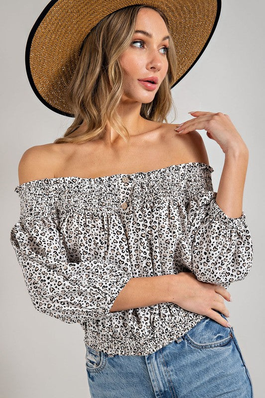 Animal Print Smocked Off Shoulder Top - Online Only