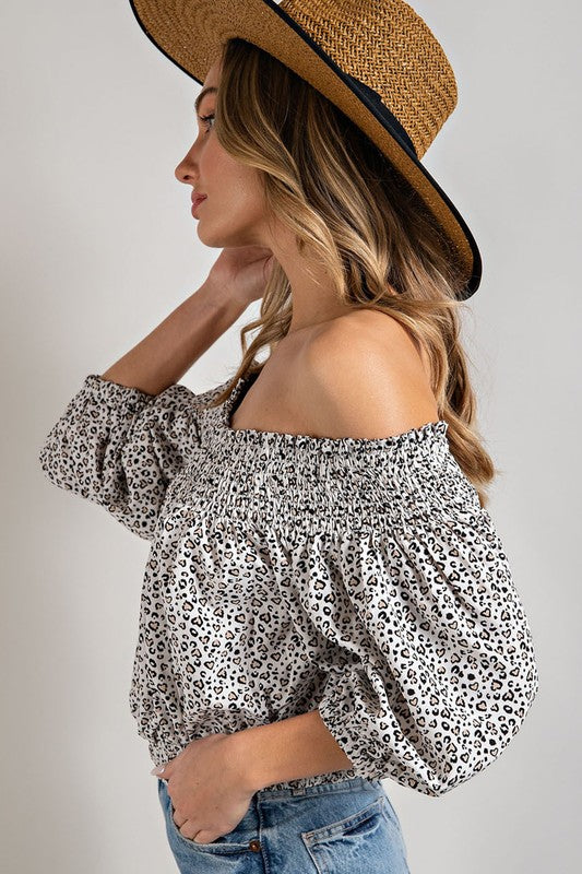 Animal Print Smocked Off Shoulder Top - Online Only